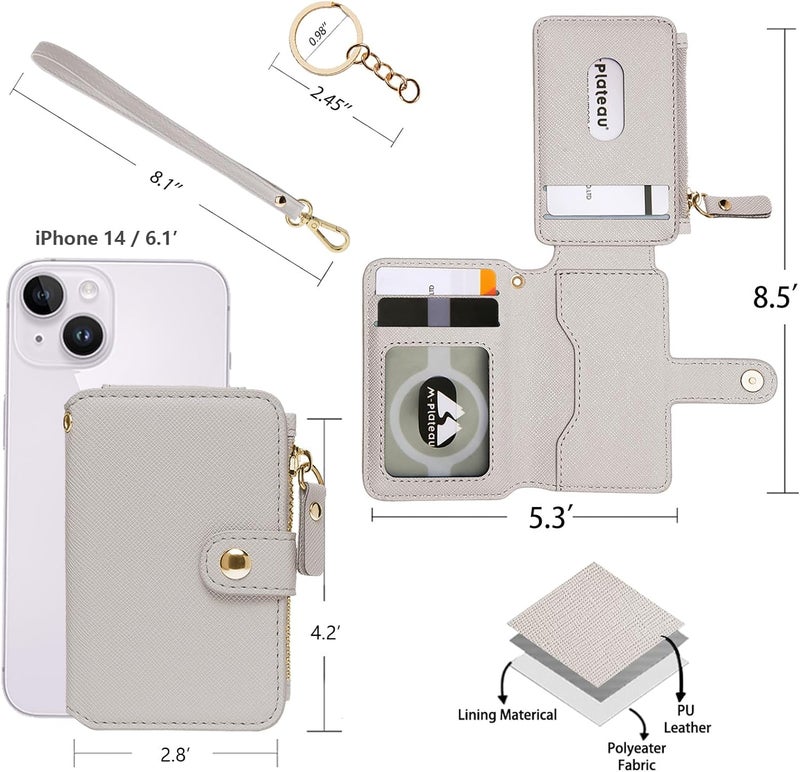 M-Plateau Wallet, Womens card Holder Leather Keychain Wallet With Zipper Coin Pocket ID Window Wrist Strap Gift Box (Beige) - Image 2
